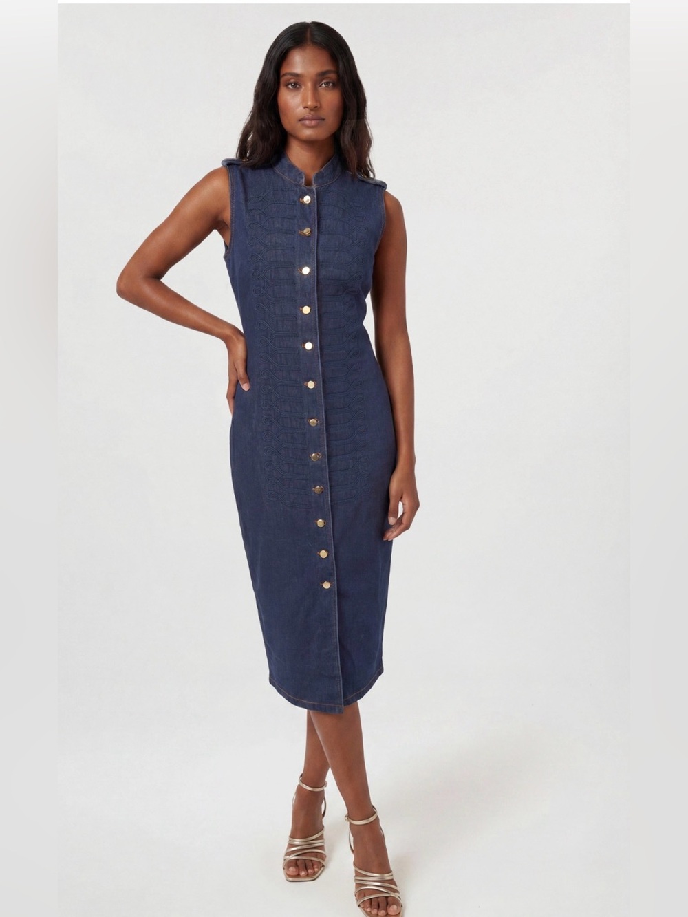 Karen Millen Sleeveless Denim military Button-Front Midi Dress size S (4) NWT*